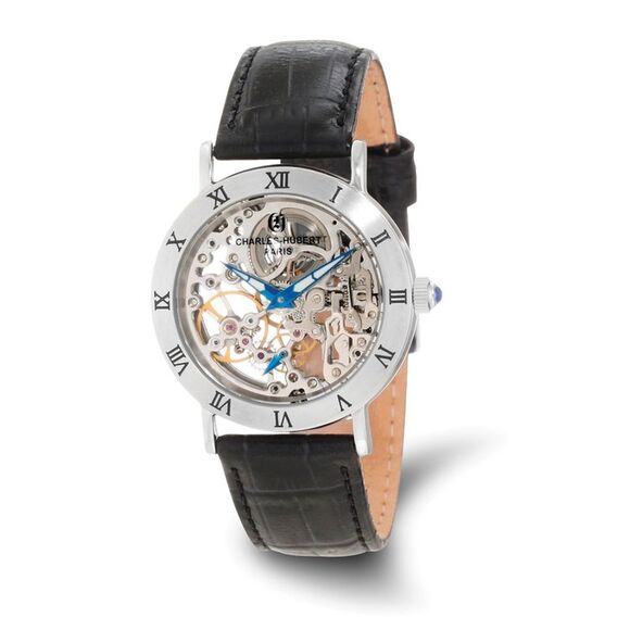 Kazi Luxury Charles Hubert Stainless Skeleton Dial Leather Band 35mm Watch